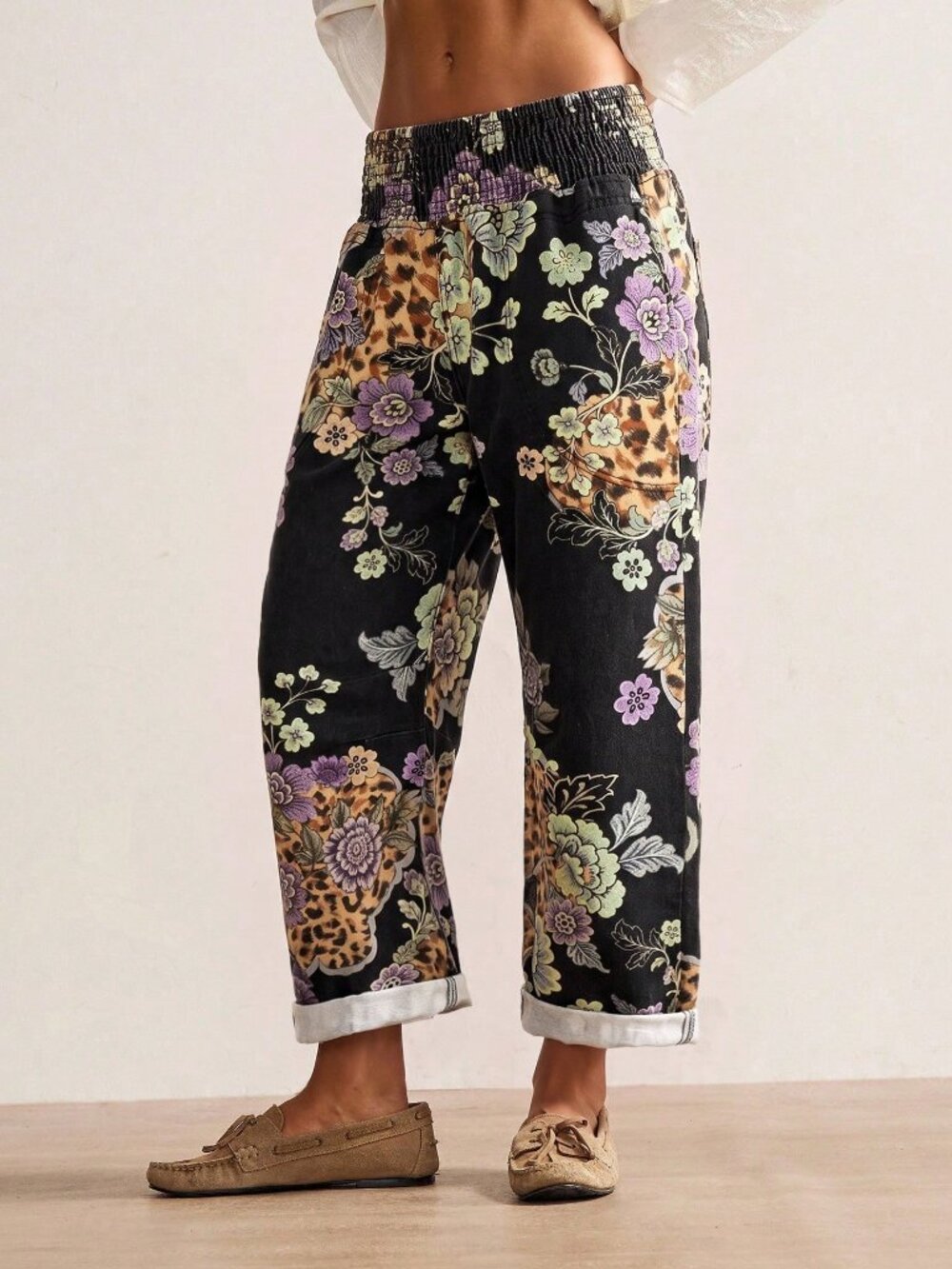 Black Boho Women's Casual Tapered Pants With Floral Pattern And Shirred Waist